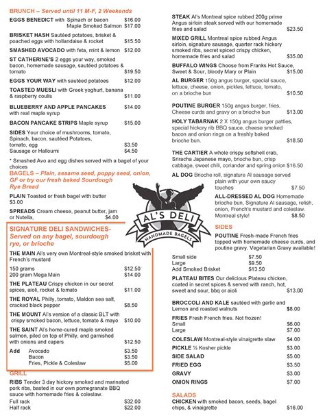 Al's deli - Menus page for Nate’n Al’s. Cart 0. HOME Menus Catering Order Online Gift Cards ... Order Online Gift Cards. ALL-DAY MENU CATERING 'N DELI. Breakfast Favorites. 12.95 BREAKFAST BAGEL. scrambled egg, cheddar cheese and sliced tomato on your choice of bagel. 12.95 19.95